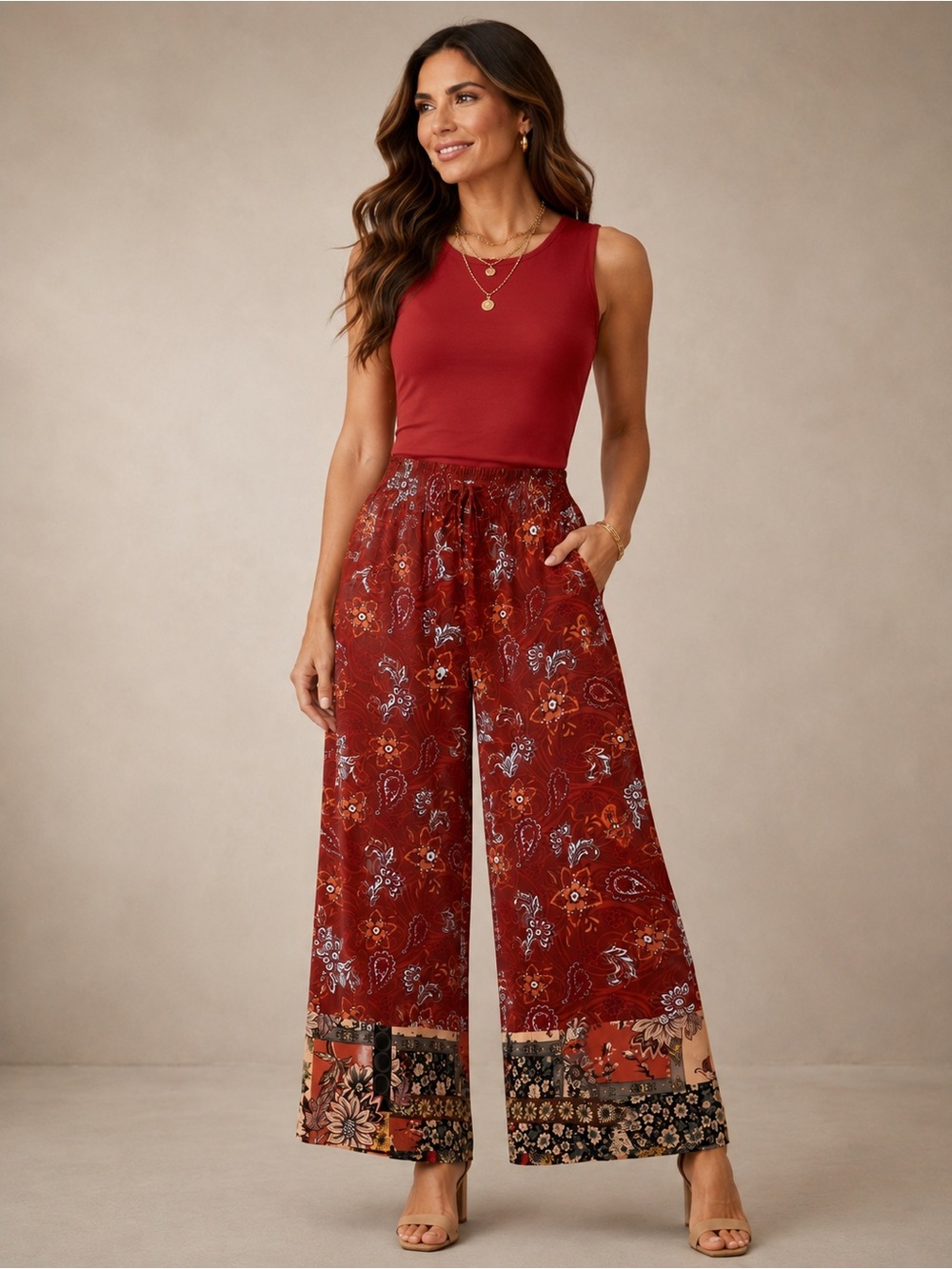 Bohemian Red Paisley Wide-Leg Pants - Picture 2 of 4